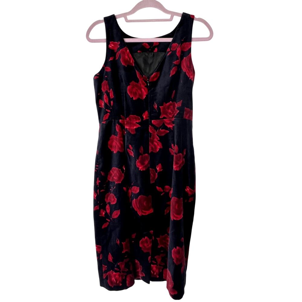 NWT Talbots Black with Red Flowers Velvet Back Zipper Lined Midi Dress Size 4